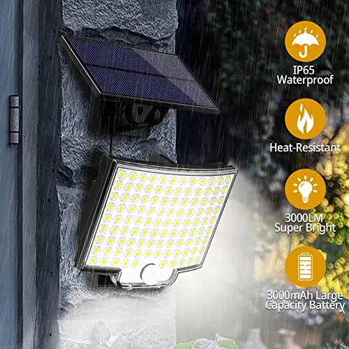 Solar Lights Outdoor, 106 LED 3000LM Solar Powered Motion Sensor Flood Lights with Remote, Dusk to Dawn Led Solar Security Wall Lights with 16.5Ft Cable IP65 Waterproof for Outside, Garage, 2 Pack