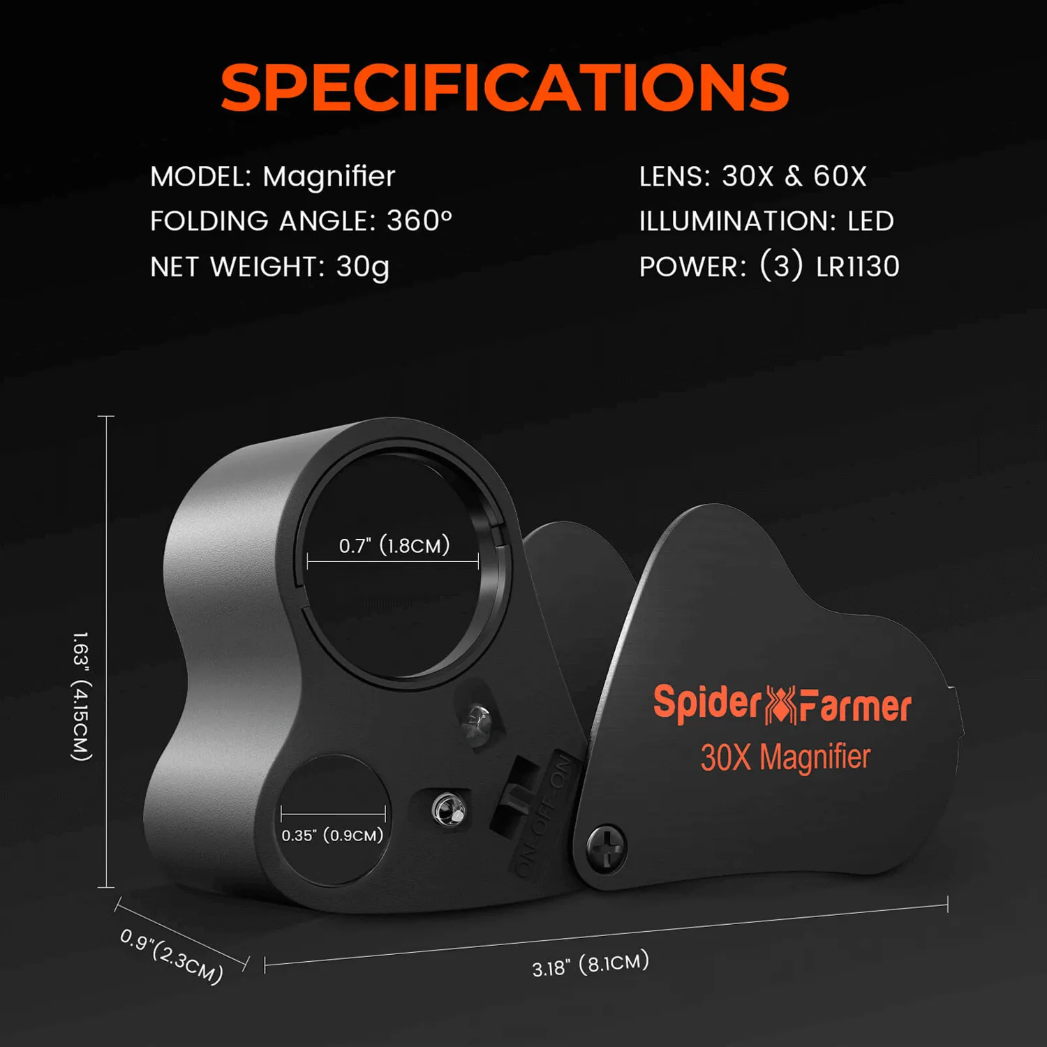 Spider Farmer 30X-60X Jewelers Loupe Magnifier with LED Light