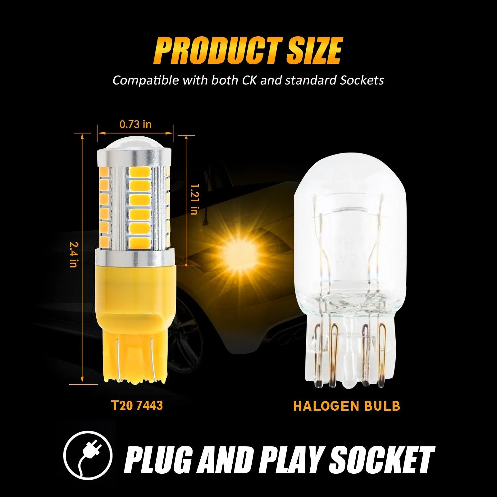 T20 7443 7440 LED Turn Signal Light Rear/Front, Side Maker Light 20W 4000LM 3500K Amber 33LED Series | 2 Bulbs