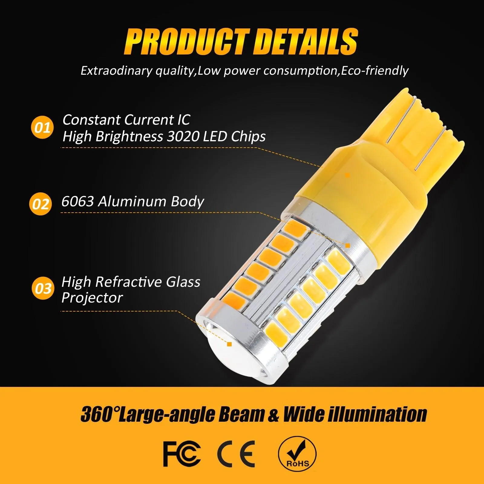 T20 7443 7440 LED Turn Signal Light Rear/Front, Side Maker Light 20W 4000LM 3500K Amber 33LED Series | 2 Bulbs