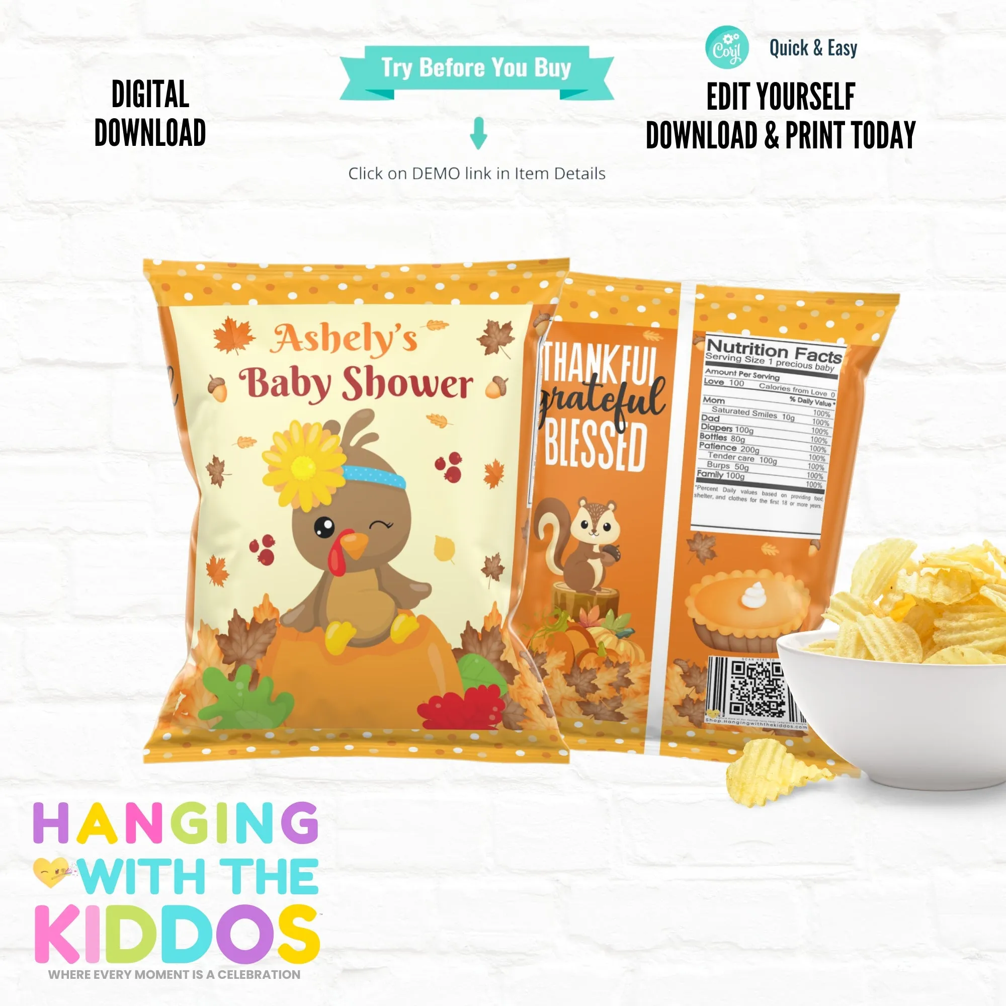 Thanksgiving Baby Shower Chip Bag Template - Editable Party Favor