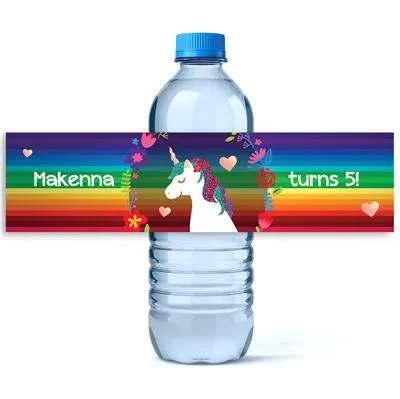 Unicorn Rainbow Birthday Water Bottle Labels