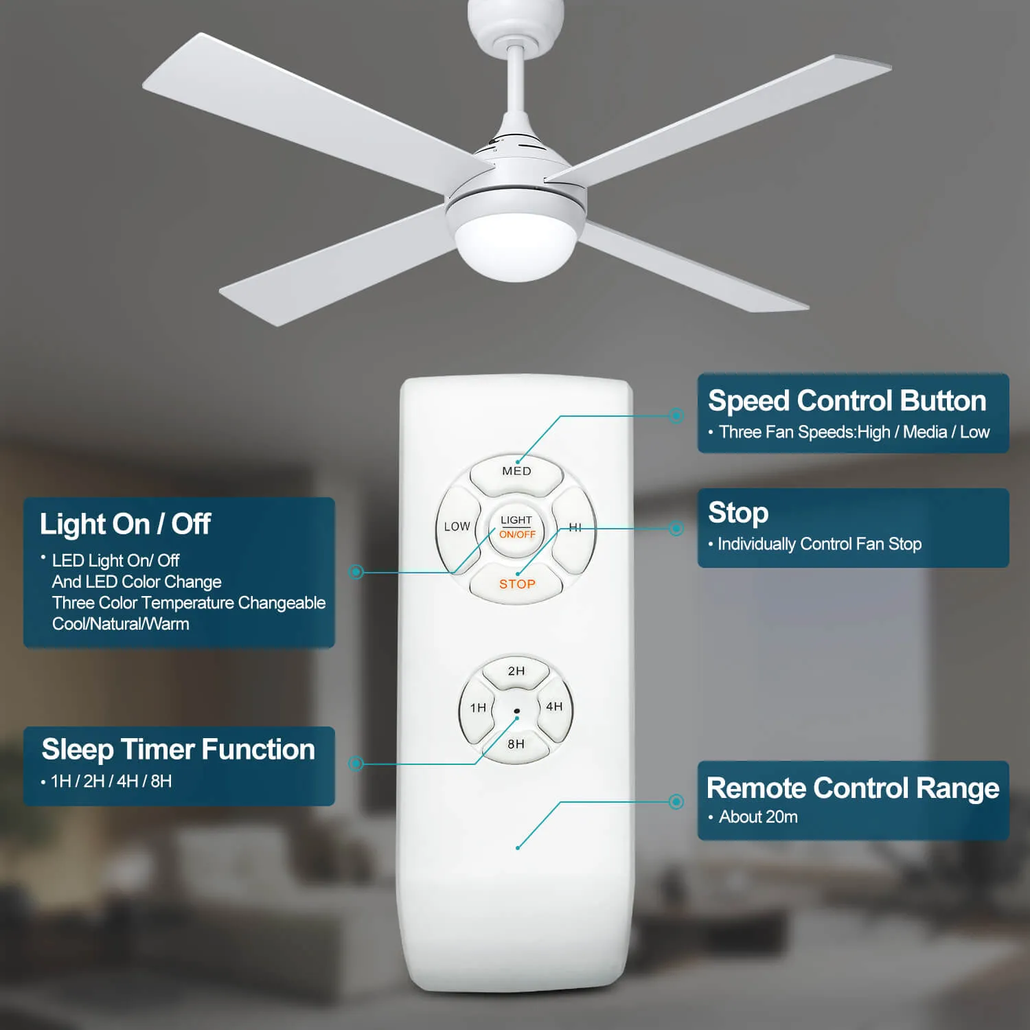 White 1320mm With 3 Colors LED Light 4 Blades Ceiling Fan AC Motor