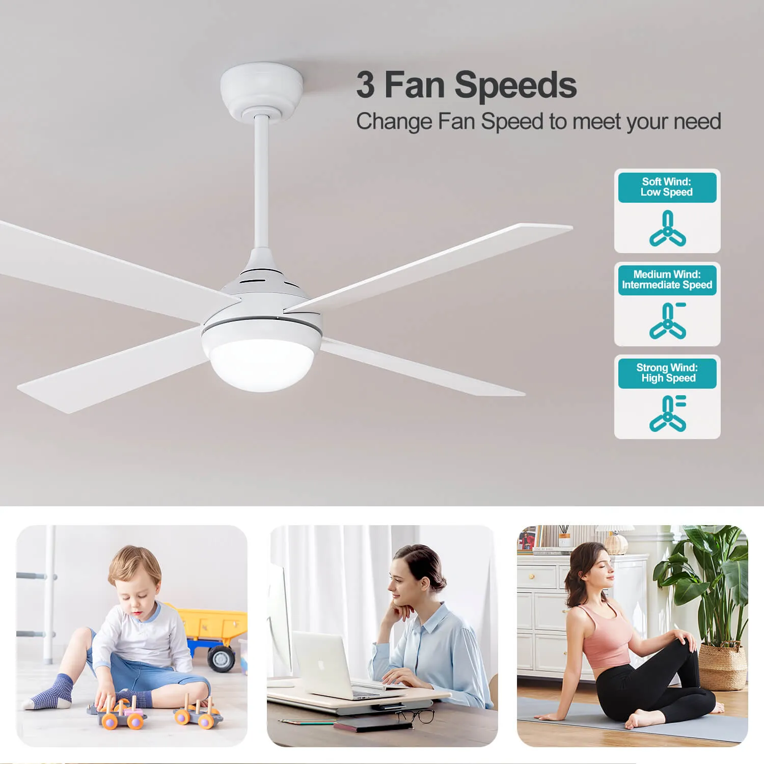 White 1320mm With 3 Colors LED Light 4 Blades Ceiling Fan AC Motor